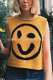 Always Happy Face Knit Unique Pattern Versatile Loose Tank Top