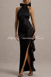 Maureen Satin High Neck Ruched Ruffle Slit Draped Maxi Dress