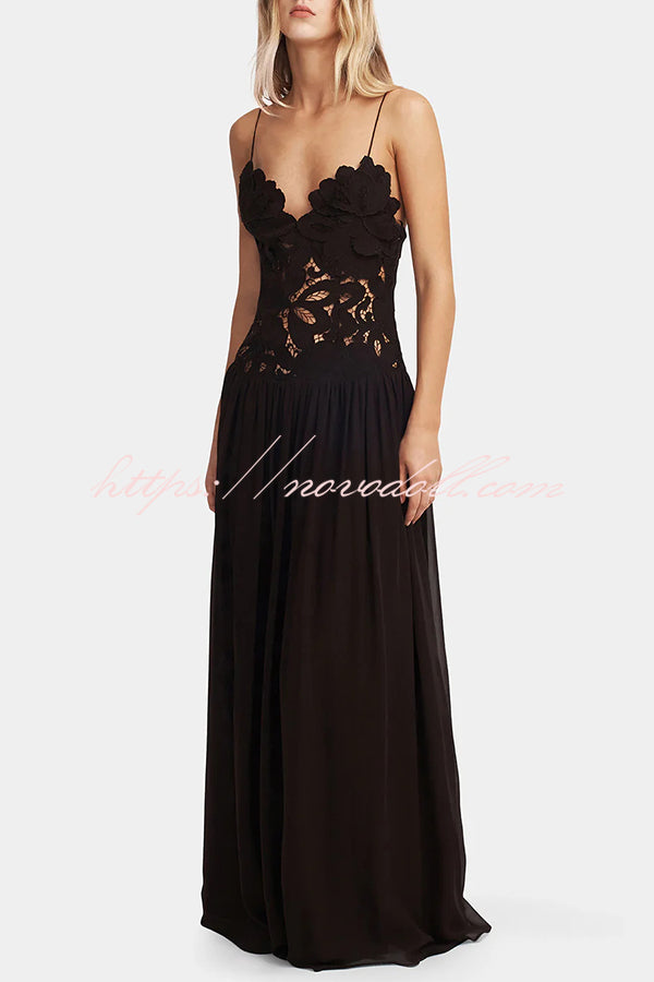 Stephanie Flower Crochet Lace Bust Chiffon Fluffy Hem Maxi Dress
