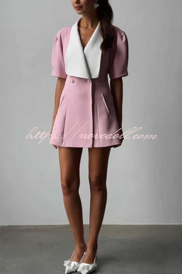 Seasonal Cheer Pearl Button Puff Sleeve Backless Bow Lapel Mini Dress