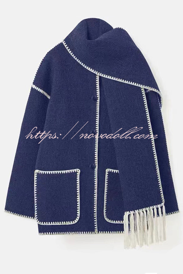 Stylish Loose Pocket Long Sleeve Coat and Warm Fringed Scarf