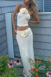 Blooming Sexy Knit Floral Halter Top and Stretch Crochet Maxi Skirt Cover-up Set