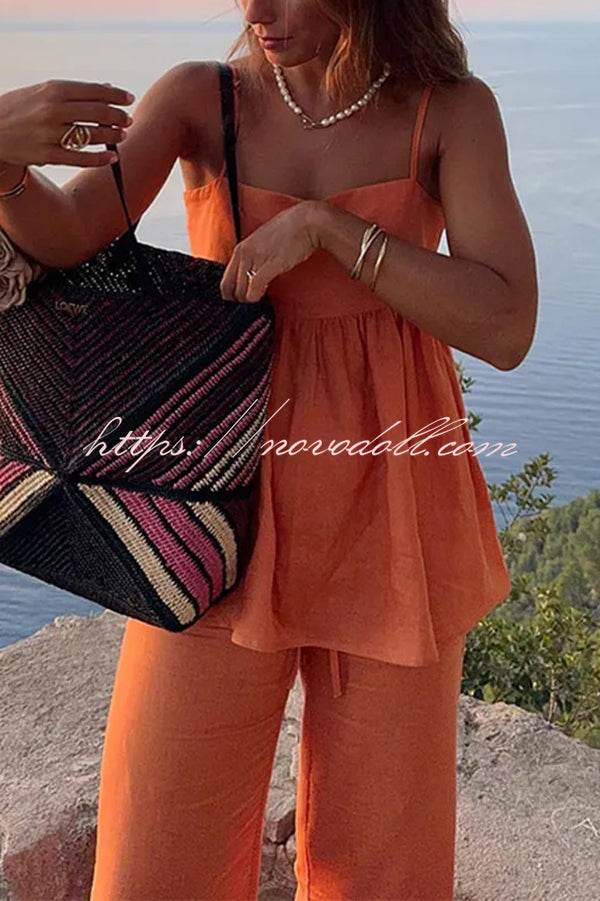 Solid Color Casual Suspender Loose Top and Elastic Waist Wide Leg Pants Set