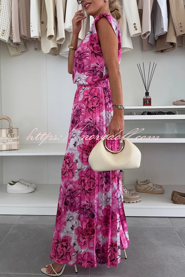 Fashionable Round Neck Shoulder Pads Top and Elastic Waist Pleated Wide-leg Pants Set