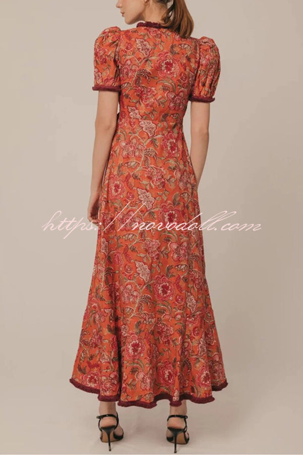 Bohemian Floral Print Elegant Puff Sleeve Holiday Maxi Dress