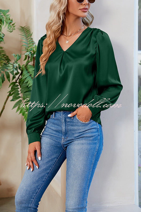 Satin Pleated V-neck Long-sleeved Loose Shirt