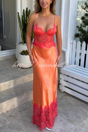 Elegant Evening Satin Lace Patchwork See-through Waist Slip Maxi Dress