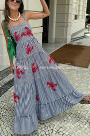 Funny Summer Plaid Lobster Print Square Neck Layered Maxi Dress