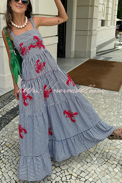 Funny Summer Plaid Lobster Print Square Neck Layered Maxi Dress