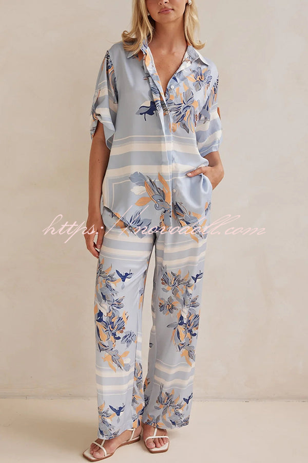Fashionable Plant Print Loose Lapel Short Sleeve Shirt and Casual Elastic Waist Pocket Pants Set