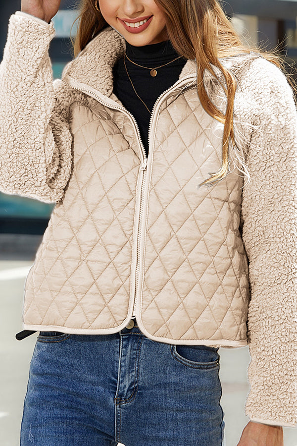 Stylish Plush Patchwork Long-sleeved Zippered Short Jacket