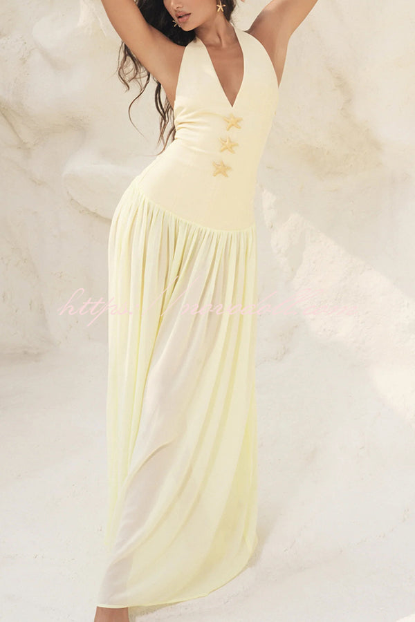 Giselle Gold Starfish Hardware Halter Back Lace-up Tulle Maxi Dress