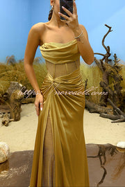 Essie Satin Rhinestone Patchwork Twist Waist Strapless Slit Maxi Dress