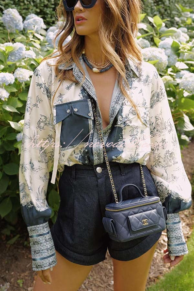 Bohemian Elegant Satin Contrast Color Unique Print Button Up Pocket Loose Blouse