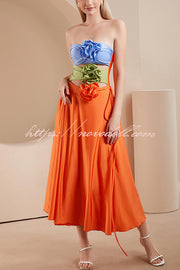 Fashionable Color-blocked Floral Decoration Hollow Stretch One-piece Swimsuit