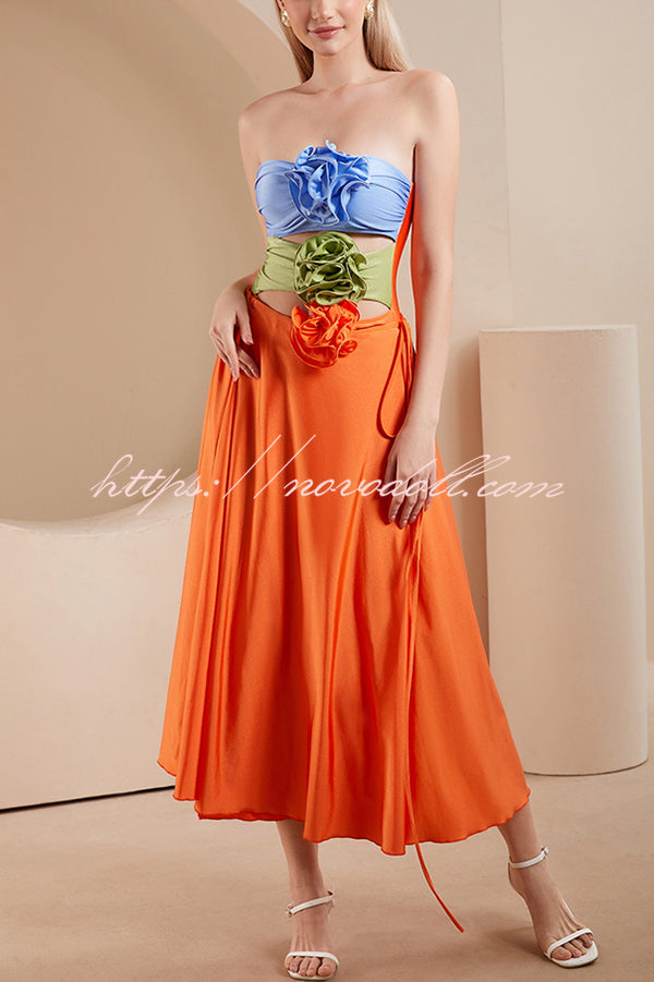 Fashionable Color-blocked Floral Decoration Hollow Stretch One-piece Swimsuit