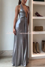 Sexy Silhouette Metallic Fabric Deep U-neck Halter Waterfall Sash Drape Maxi Dress