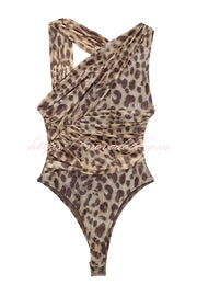 Absolute Trend Mesh Leopard Asymmetric Ruched Stretch Bodysuit