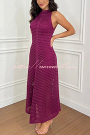 Violet Crochet Knit Round Neck Texture A-line Maxi Dress