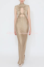 Genis Hollow Elastic Bust High Neck Sleeveless Gathered Maxi Dress