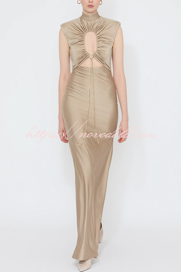 Genis Hollow Elastic Bust High Neck Sleeveless Gathered Maxi Dress