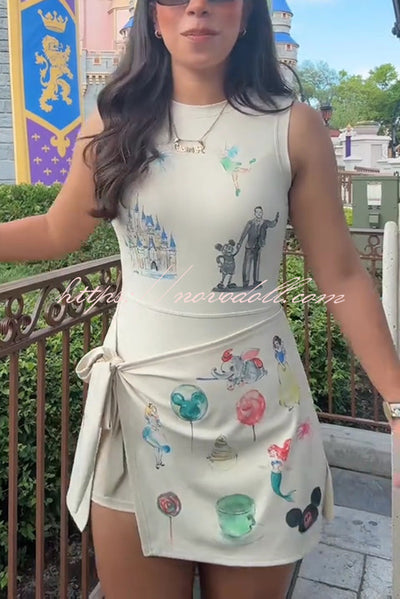 Childish Cartoon Print Sleeveless Fitted Lace-Up Mini Dress