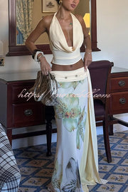 Beautiful Statement Cowl Neck Halter Tank and Floral Ruched Waist Slit Maxi Skirt Set