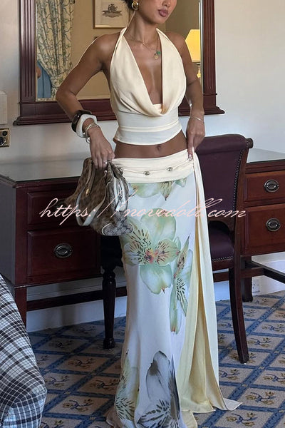 Beautiful Statement Cowl Neck Halter Tank and Floral Ruched Waist Slit Maxi Skirt Set
