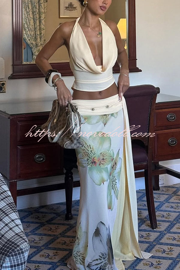 Beautiful Statement Cowl Neck Halter Tank and Floral Ruched Waist Slit Maxi Skirt Set