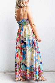 Satin Resort Print Sling Back Pleated Maxi Dress