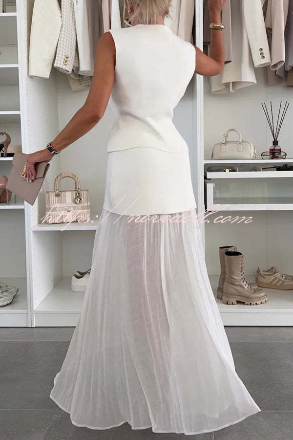 Stylish and Elegant Knit Spliced Tulle Elastic Waist Pleated Maxi Skirt