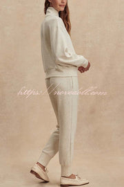 Ivory Marl Fleck Half-Zip Neck Long Sleeve Sweatshirt and Elastic Waist Pocket Jogger Set