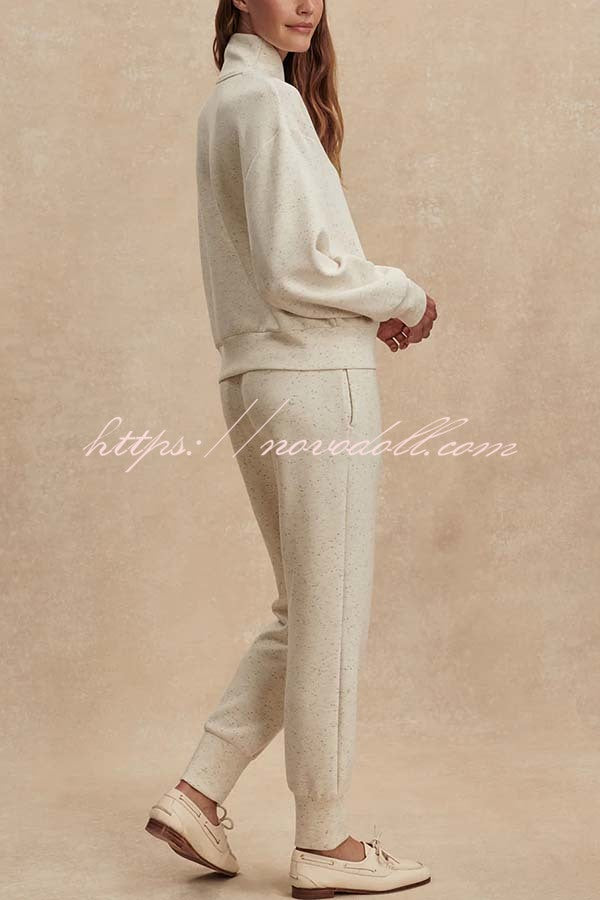 Ivory Marl Fleck Half-Zip Neck Long Sleeve Sweatshirt and Elastic Waist Pocket Jogger Set