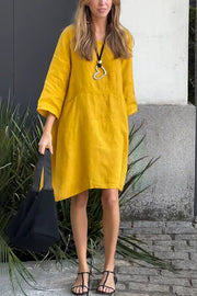 Linen Blend Solid Loose Casual Pocket Mini Dress