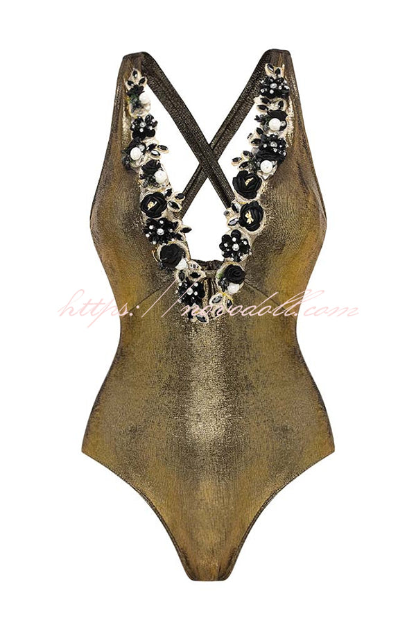 Solid Color Shiny Fabric Deep V Metal Embellished Stretch One-piece Swimsuit