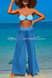 Solid Color Metal Button Decorated Stretch Two-piece Bikini Swimsuit