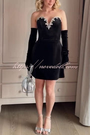 Ines Luxurious Velvet Jewel-encrusted Sweetheart Off Shoulder Neck Tulip Stretch Mini Dress
