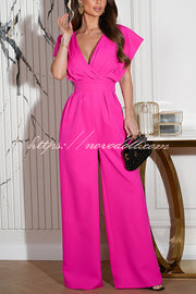 Solid Color V-neck Waist Casual Wide-leg Jumpsuit