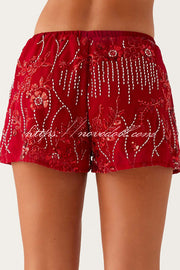 Dazzling Sequin Beaded Material Low Rise Elastic Waist Loose Shorts