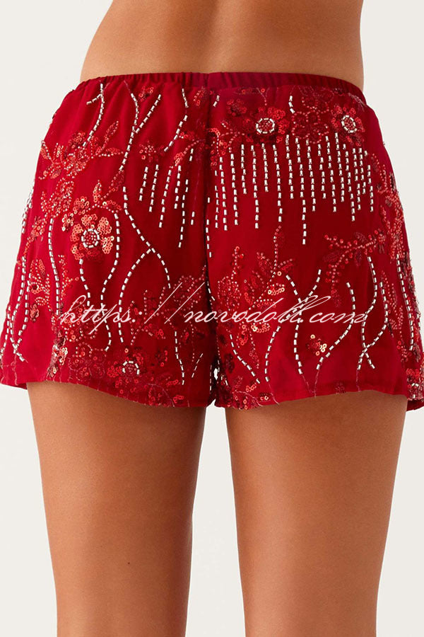 Dazzling Sequin Beaded Material Low Rise Elastic Waist Loose Shorts
