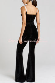 Eliza Luxurious Velvet Fabric Jewel-embellished Shoulder Straps Belted Flare Jumpsuit