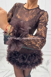 Alyssa Lace Fabric Tulle Layered Petals Trim Long Sleeve Mini Dress
