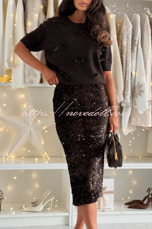 Light The Night Velvet Sequin High Rise Elastic Waist Pencil Slit Midi Skirt