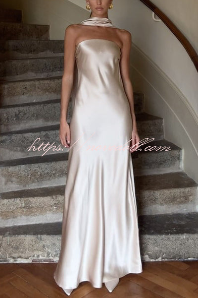 Satin Solid Color Elegant Strapless Slim Maxi Dress