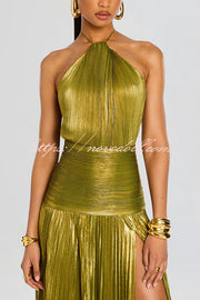 Glamorous Metallic Pleated Fabric Open Back Halter Slit Maxi Dress