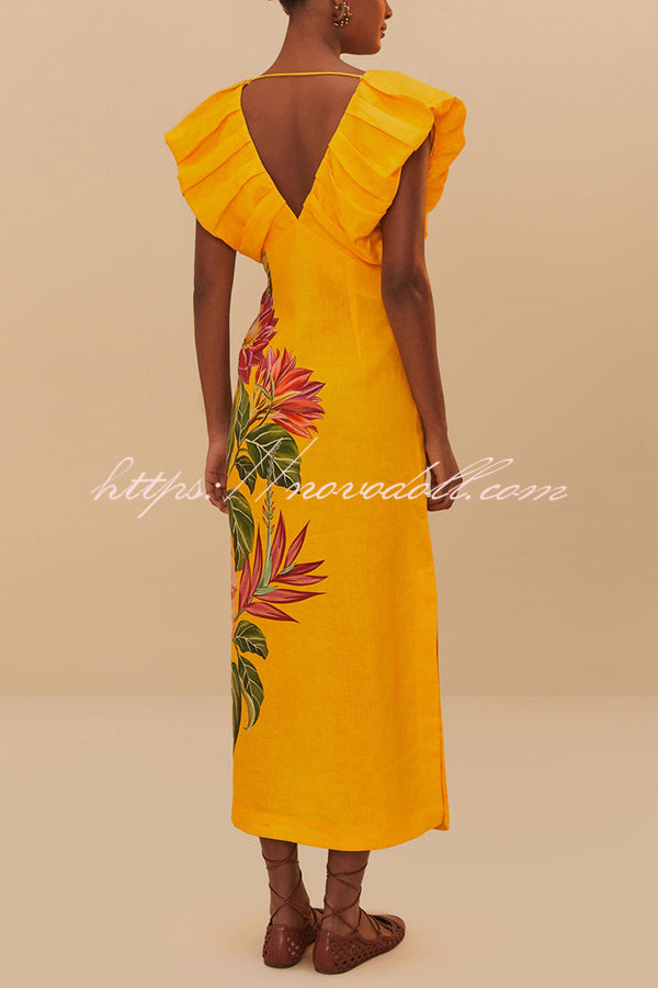 Plant Print V-neck Open Back Holiday Style Slit Midi Dress