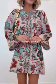Autumn Garden Printed V-neck Long Bell Sleeve Top and Mid Rise Skirt Set