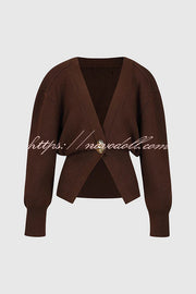 Only Yours Knit Metal Leaf Shape Button Lantern Sleeve Relaxed Cardigan