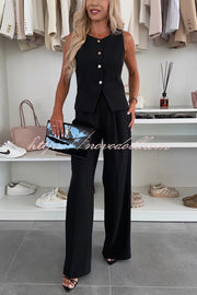Workplace Chic Sleeveless Button Vest and Relaxed Pocket Wide Leg Pants Set