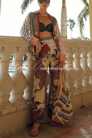 Tropical Jungle Tiger Unique Print Long Sleeve Loose Shirt and Elastic Waist Pants Set